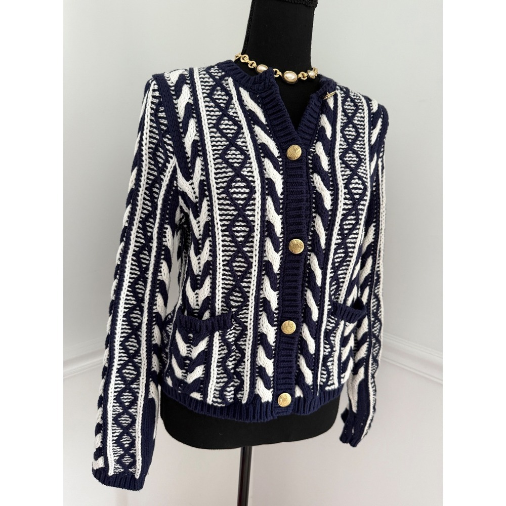 Navy White Cable Knit Cardigan Sweater Button Front‎ Womens M office chic